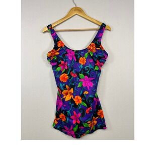 Retro‎ 90s Sunbird Womens 38 Purple Floral Tropical Skirted One Piece Swimsuit